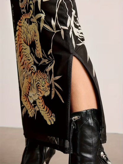 Women’s Maxi Skirt with Tiger and Bamboo Print