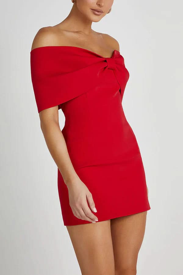Red off-shoulder bow mini dress with draped neckline detail