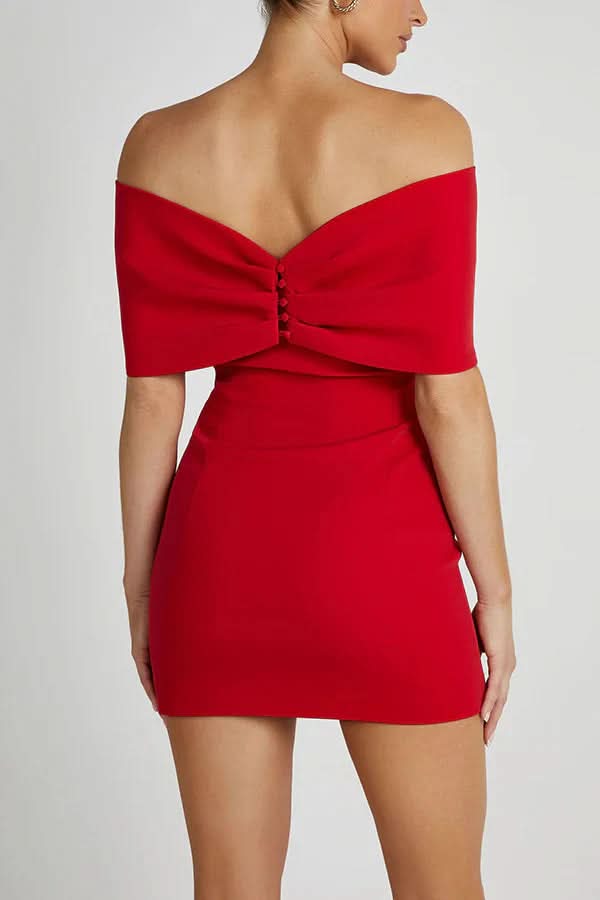 Back view of red off-shoulder mini dress with tied bow accent