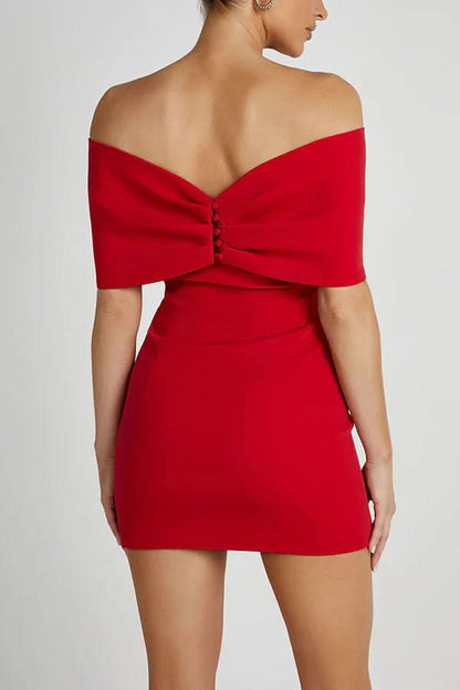 Back view of red off-shoulder mini dress with tied bow accent