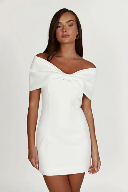 White off-shoulder bow mini dress with short sleeves front view