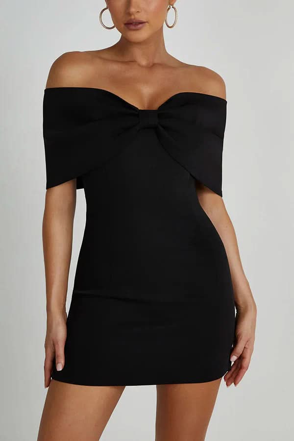 Black off-shoulder mini dress with bow front and short sleeves