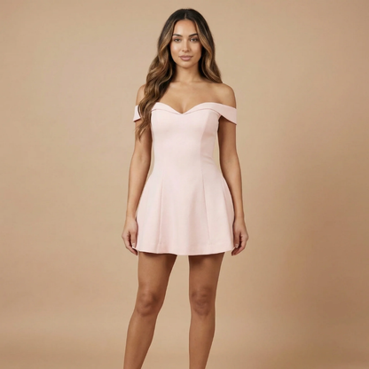 Blush pink off-shoulder sweetheart neckline mini dress front view