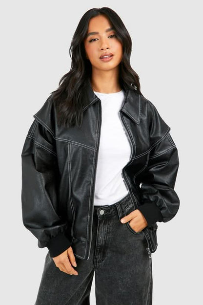 Women's Oversized Contrast Stitch Zip Front Leather-Look Jacket - Black, front