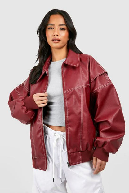 Women's Oversized Contrast Stitch Zip Front Leather-Look Jacket - Red, front