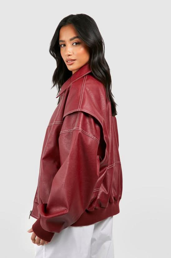Women's Oversized Contrast Stitch Zip Front Leather-Look Jacket - front