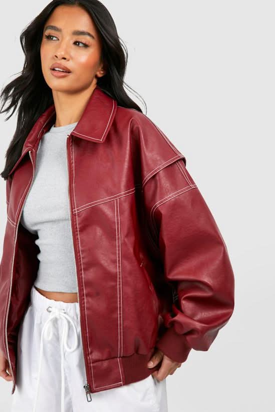 Women's Oversized Contrast Stitch Zip Front Leather-Look Jacket - front