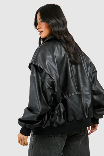 Women's Oversized Contrast Stitch Zip Front Leather-Look Jacket - front