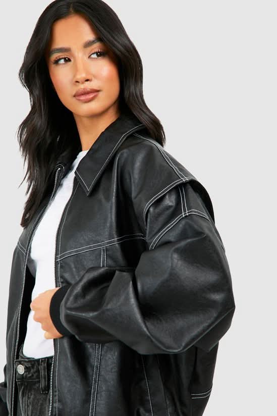 Women's Oversized Contrast Stitch Zip Front Leather-Look Jacket - front