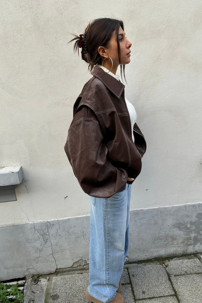 Women's Oversized Contrast Stitch Zip Front Leather-Look Jacket - front