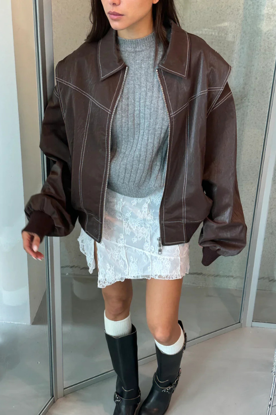 Women's Oversized Contrast Stitch Zip Front Leather-Look Jacket - front