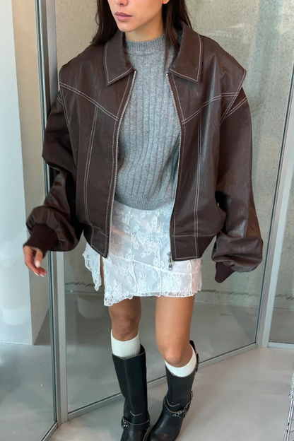 Women's Oversized Contrast Stitch Zip Front Leather-Look Jacket - front