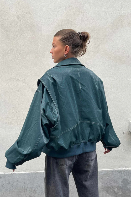Women's Oversized Contrast Stitch Zip Front Leather-Look Jacket - front