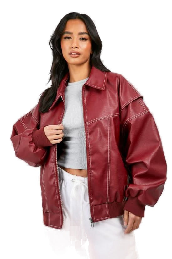 Women's Oversized Contrast Stitch Zip Front Leather-Look Jacket - Red, front