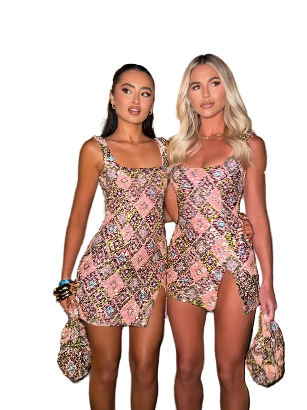 Pink and gold sequin square neck mini dress with diamond pattern on two models