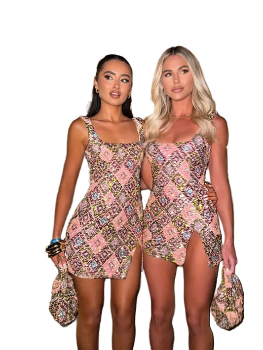 Pink and gold sequin square neck mini dress with diamond pattern on two models