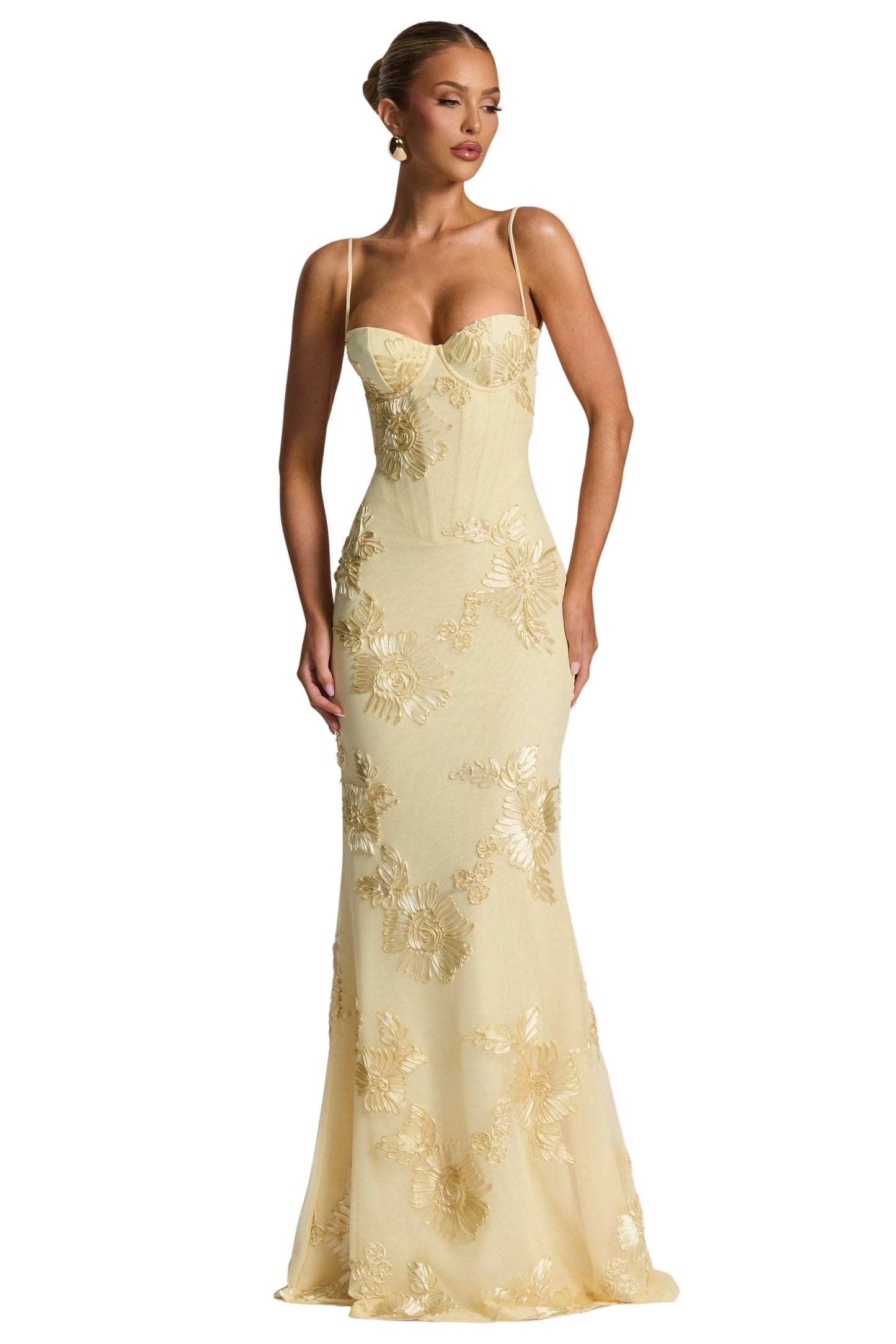 Cream sweetheart neckline maxi dress with gold floral embroidery and thin straps