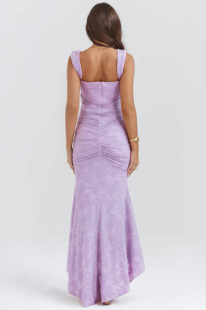 Light purple floral corset maxi dress with square neck and asymmetrical hem