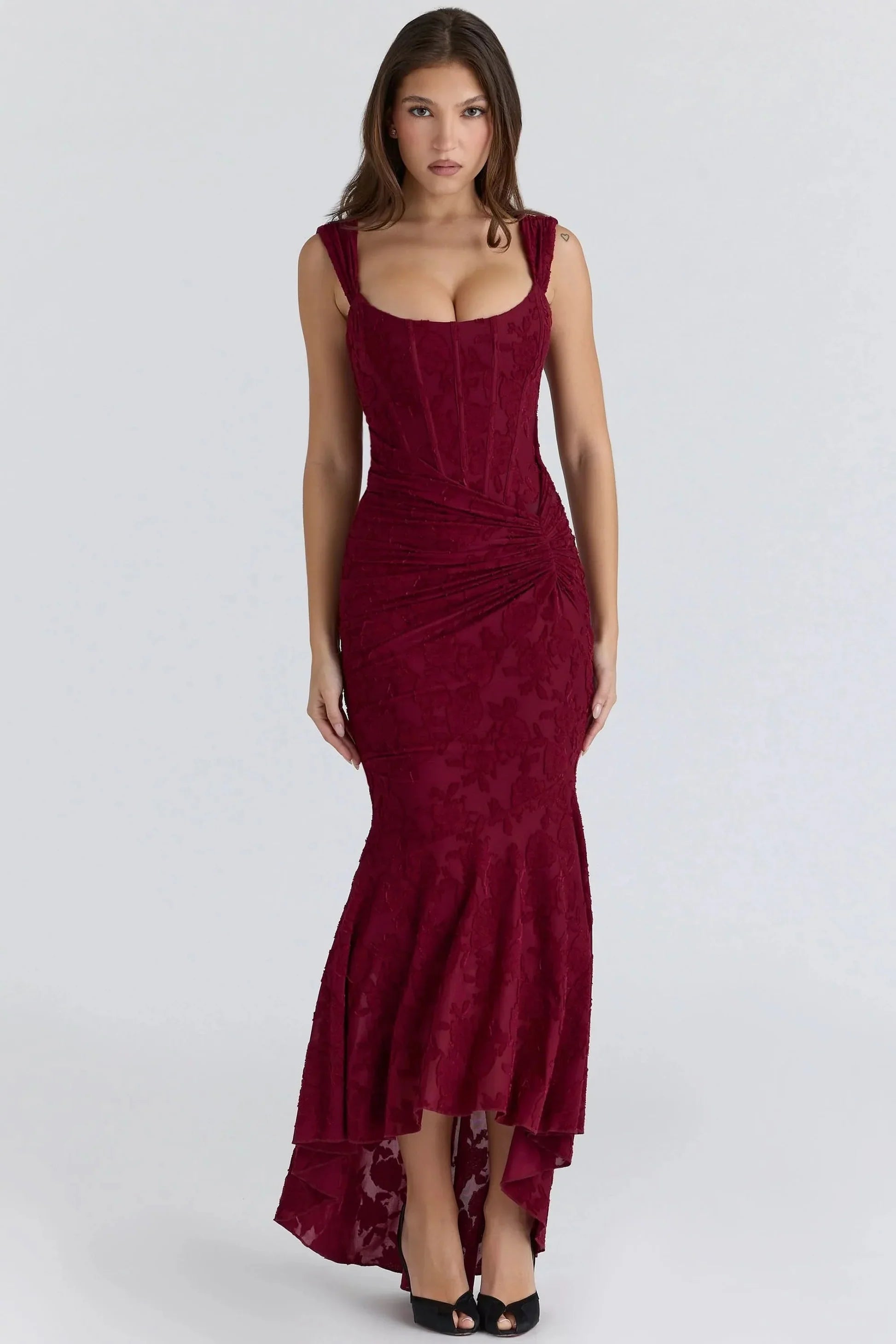 Burgundy velvet corset maxi dress with square neckline and ruched waist