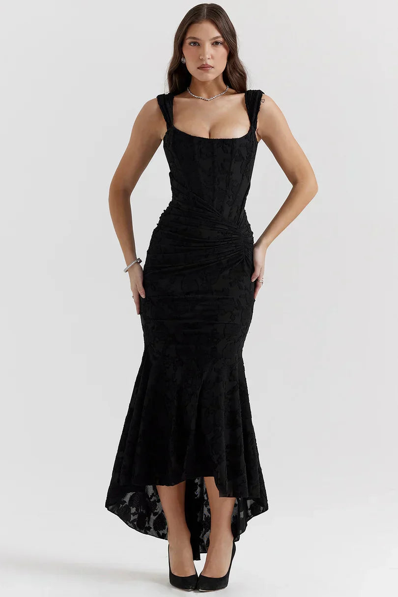 Black textured corset midi dress with square neck and mermaid silhouette