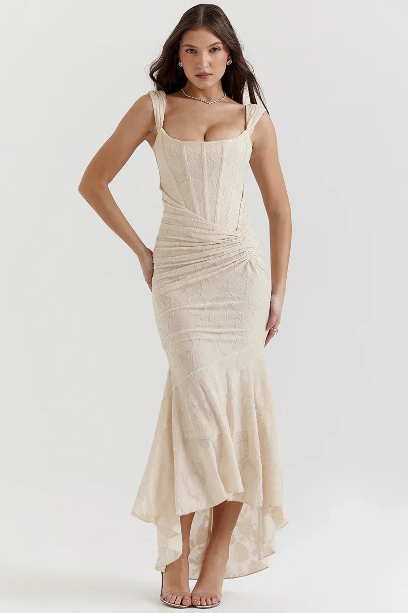 Cream floral jacquard corset dress with square neckline and gathered waist