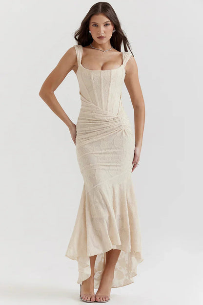 Cream floral jacquard corset dress with square neckline and gathered waist