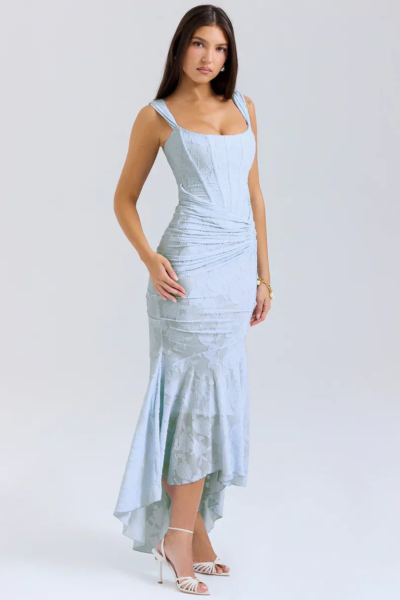 Square neck corset floral maxi dress in pale blue with side ruching