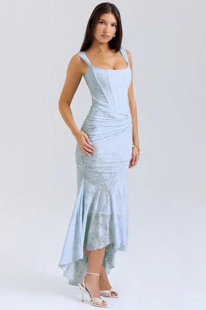 Square neck corset floral maxi dress in pale blue with side ruching