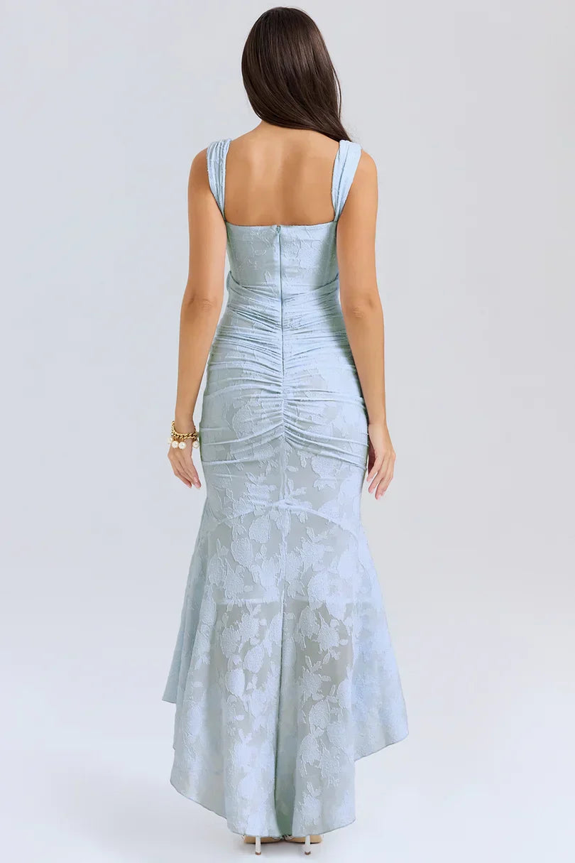 Rear view of square neck floral corset maxi dress in pale blue