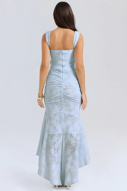 Rear view of square neck floral corset maxi dress in pale blue