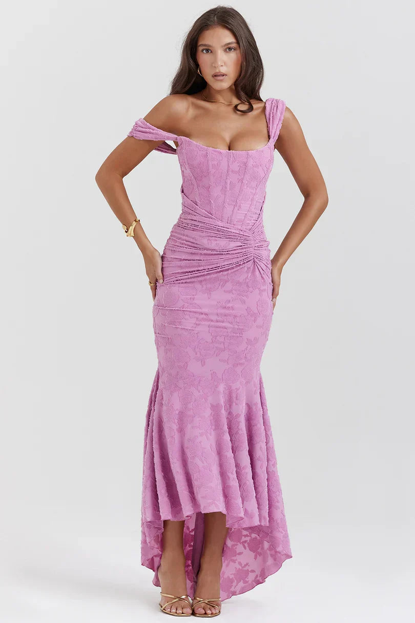 Mauve floral corset maxi dress with square neckline and ruched bodice