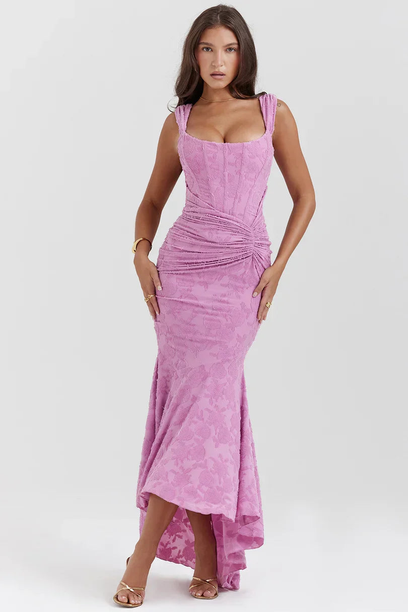 Pink floral square neck corset maxi dress with off-shoulder straps