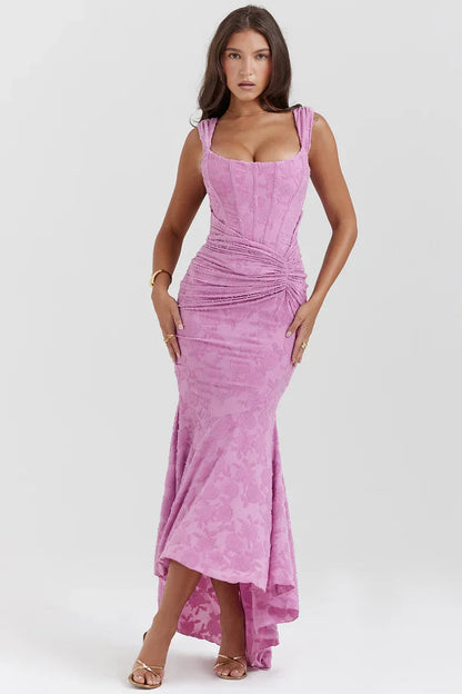 Pink floral square neck corset maxi dress with off-shoulder straps