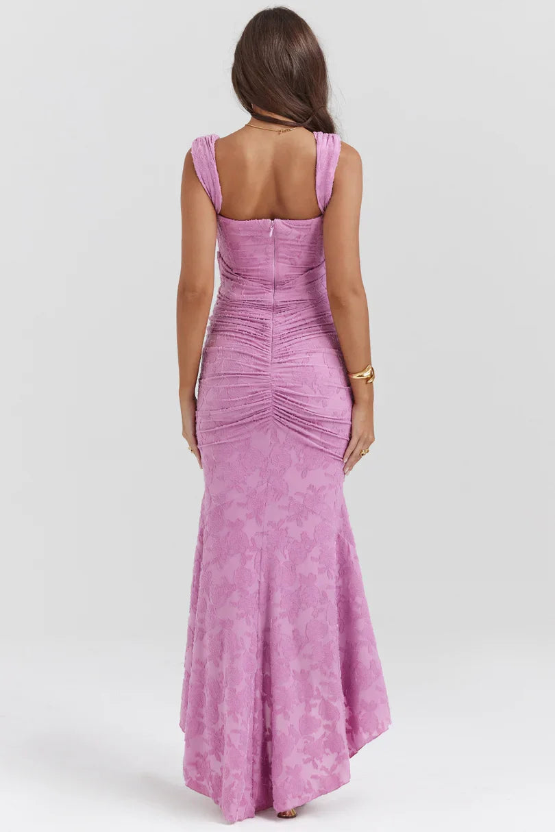 Lavender floral corset maxi dress with square neckline and high-low hem