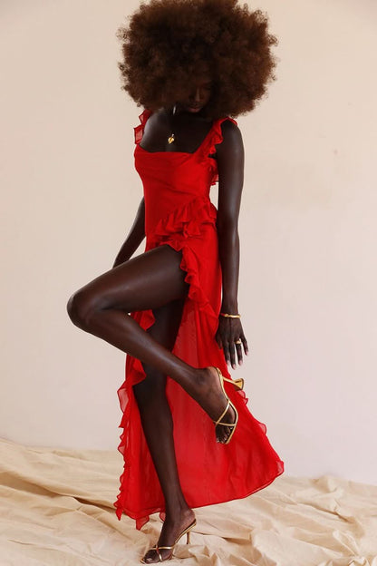 Red square neck ruffled maxi dress with layered ruffle trim