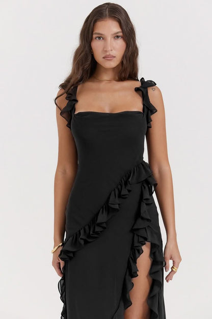 Black ruffled maxi dress with square neckline and cold-shoulder ruffle sleeves