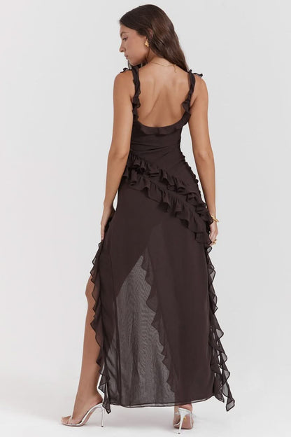Brown square neck ruffled maxi dress with open back and flowing ruffle skirt