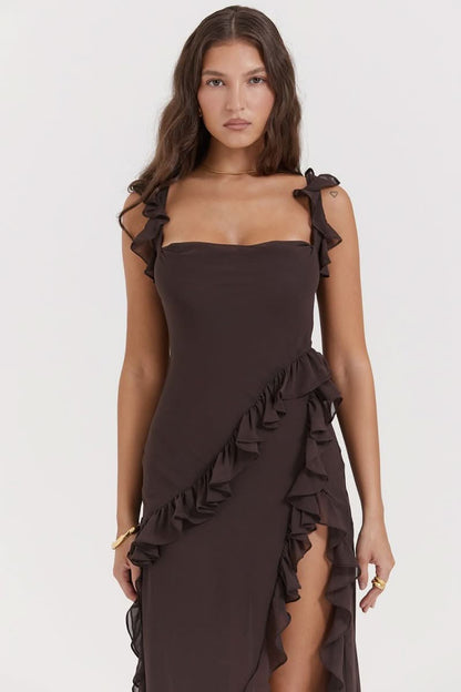 Black ruffled maxi dress with square neckline and cold-shoulder ruffle straps