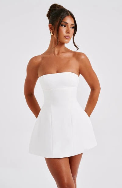 White strapless A-line bubble mini dress with fitted bodice and flared skirt