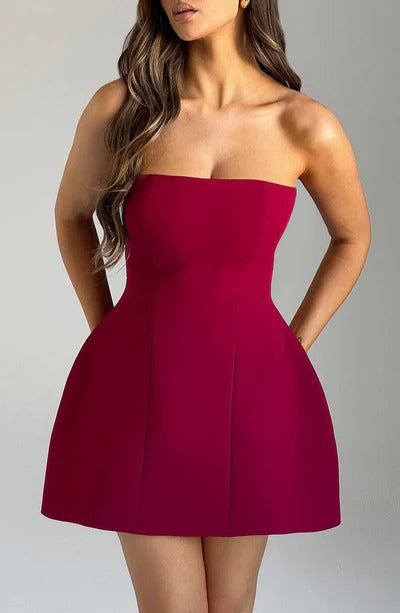 Burgundy strapless mini dress with structured bodice and voluminous A-line skirt