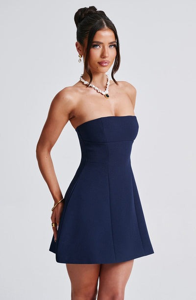 Navy strapless a-line bubble mini dress with fitted bodice and flared skirt