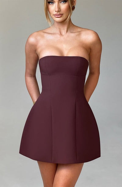 Burgundy strapless a-line bubble mini dress with smooth bodice and voluminous skirt