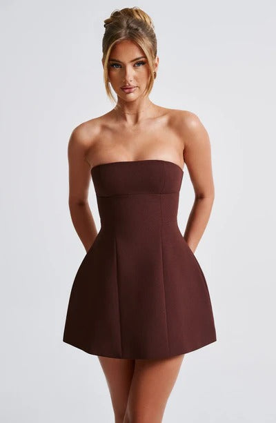 Burgundy strapless bubble dress front view with fitted waist and voluminous skirt