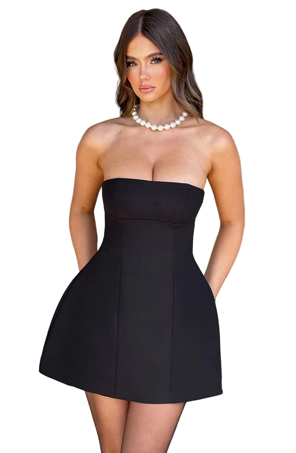 Black strapless bubble mini dress with fitted bodice and full skirt