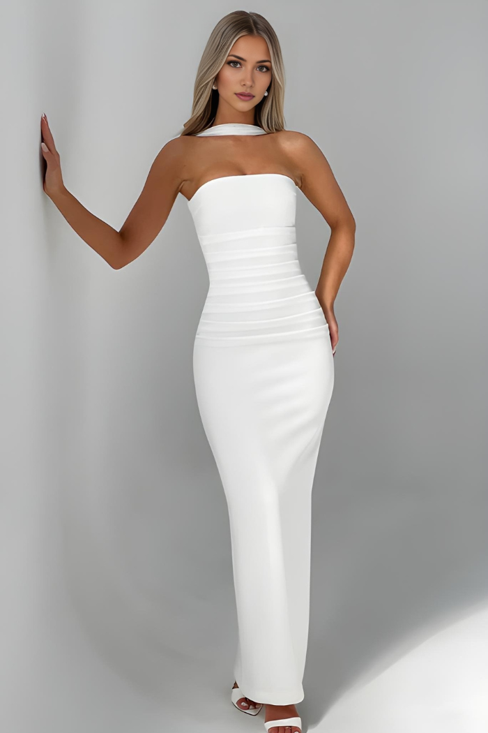 White strapless bodycon maxi dress with choker collar and ruched bodice