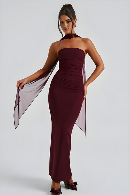 Burgundy strapless bodycon maxi dress with choker neckline and flowing scarf