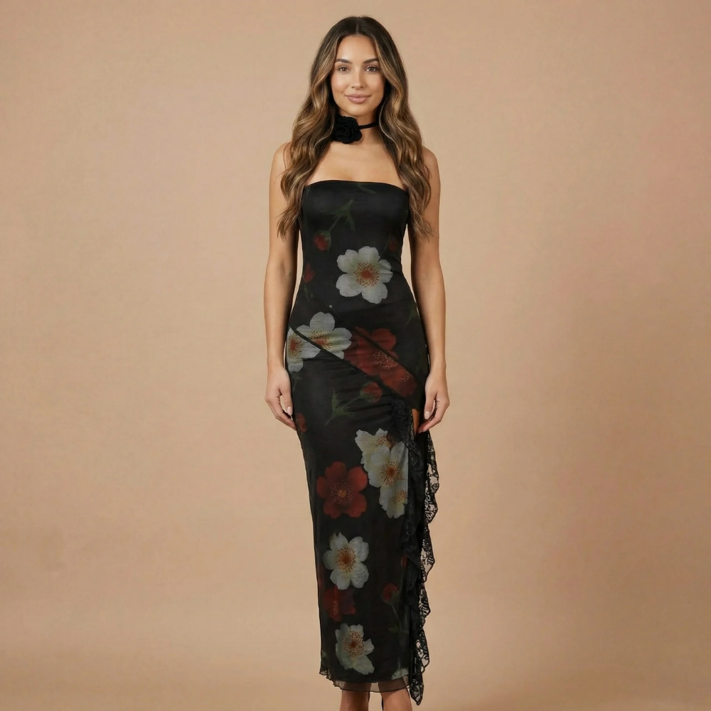 Black strapless midi dress with white and red floral print and lace ruffle slit