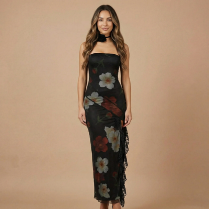 Black strapless midi dress with white and red floral print and lace ruffle slit