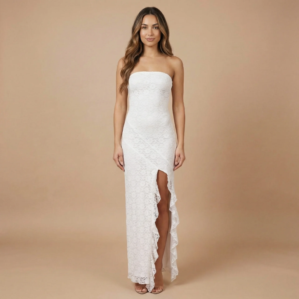 White lace strapless midi dress with asymmetrical ruffle slit and fitted bodice