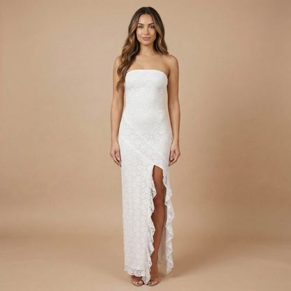 White lace strapless midi dress with asymmetrical ruffle slit and fitted bodice